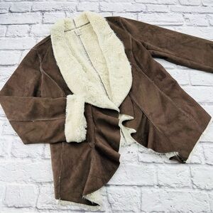 Chico's Womans Faux Suede Open Front Brown Sherpa lined Jacket Size 0 XS 4/6